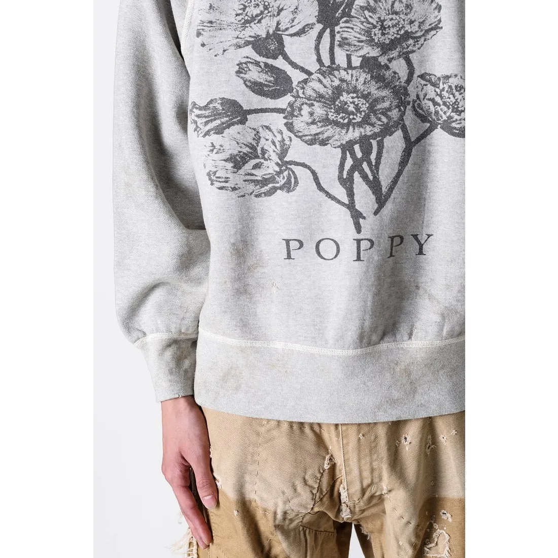 SAINT Mxxxxxx 'FLOWER' CREW NECK SWEAT SHIRTS Floral Distressed Retro Sweatshirt Distressed Gray S-XL Big Factory Four-needle Six-Thread Boneless Stitching Process/Original Horn Sleeve Version Top Printing Process Authentic Level Re-Engraving Garment Washing and Distressing/Hand-worn Graffiti Treatment Original Consistent Fruit Label/Little Angel Anti-Counterfeiting Label